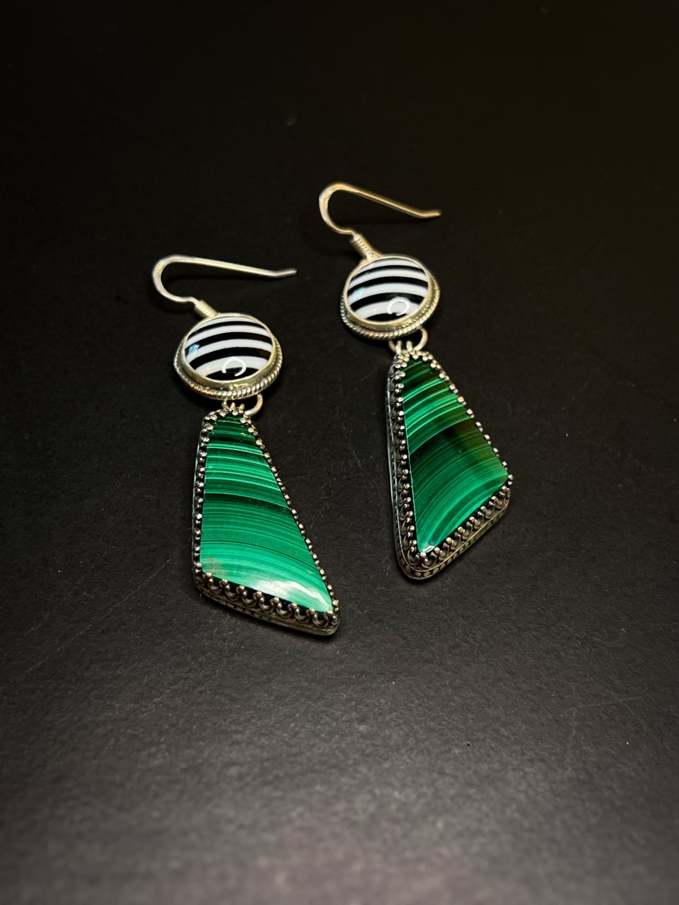 Malachite with Black and White Striped Cabochon Earrings