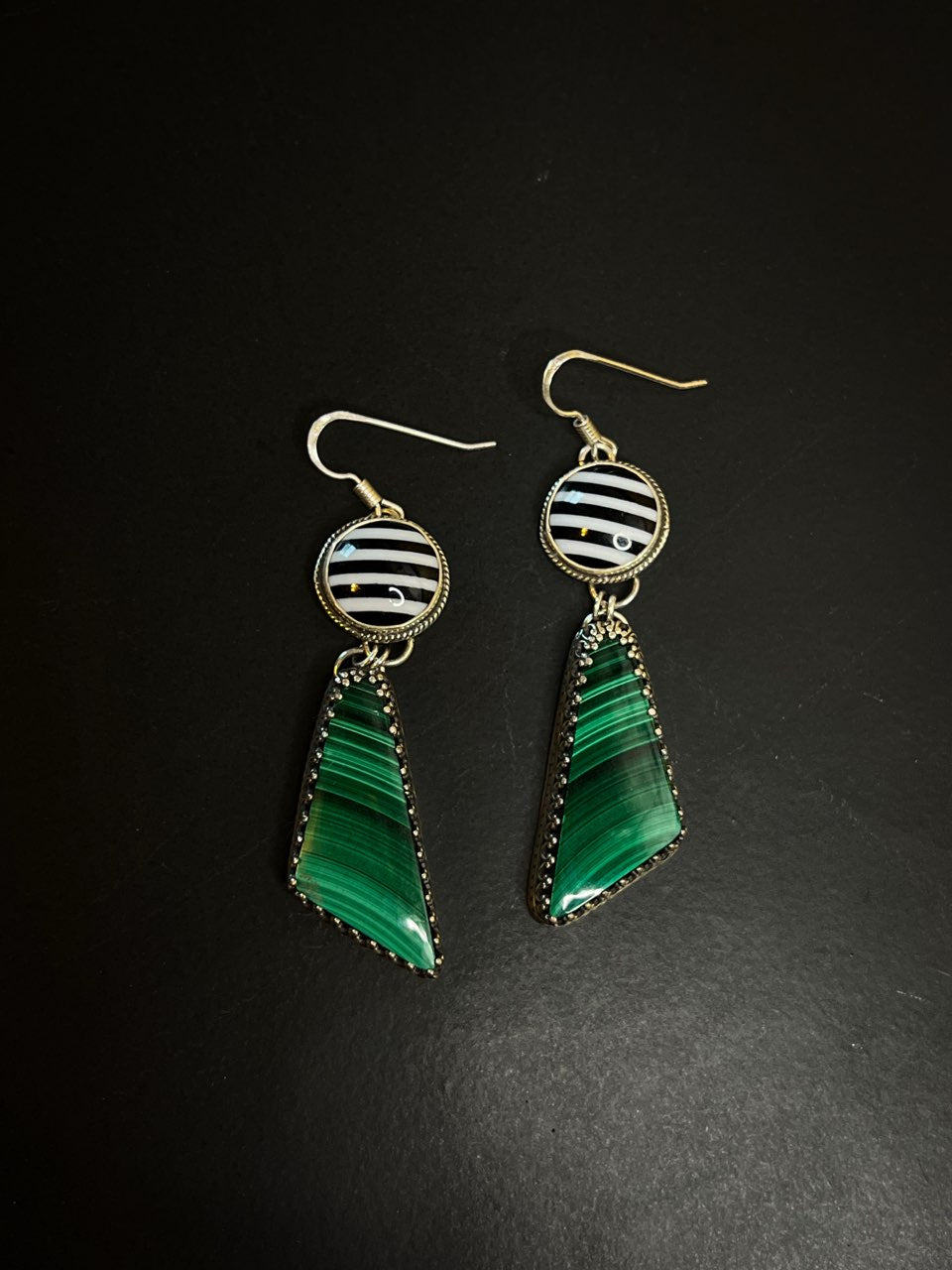 Malachite with Black and White Striped Cabochon Earrings