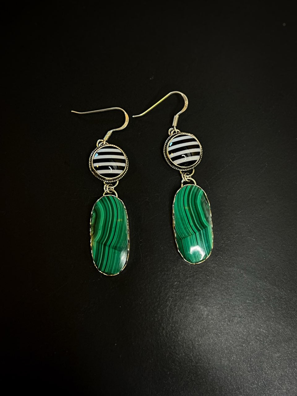 Malachite with Black and White Striped Cabochon Earrings