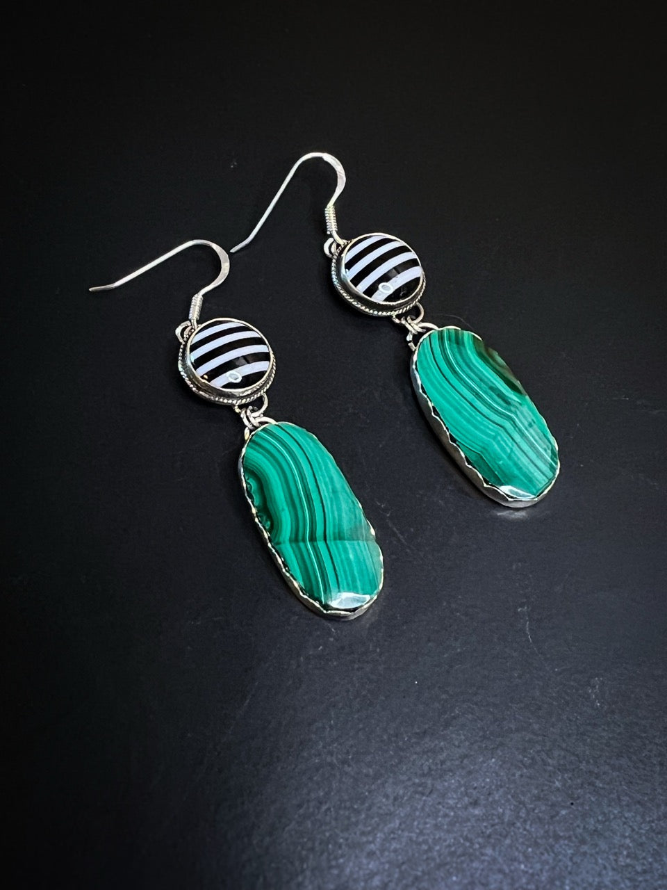 Malachite with Black and White Striped Cabochon Earrings
