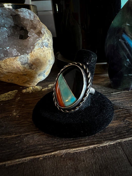 Onyx with Turquoise and Rosarita inlay Ring