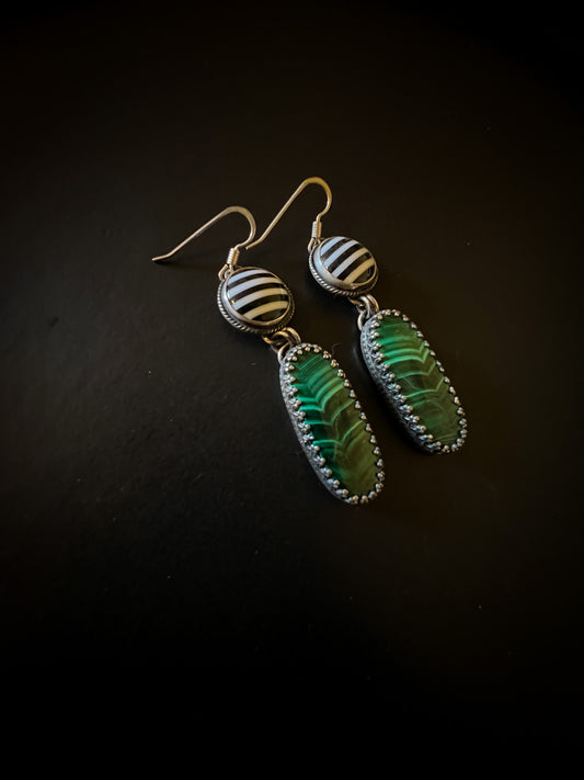 Malachite with Black and White Striped Cabochon Earrings