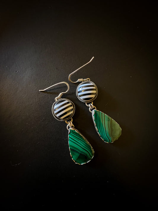 Malachite with Black and White striped cabochon Earring